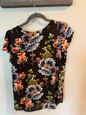 Loft Black Floral Cap-Sleeve Blouse with Blue and Coral Blooms